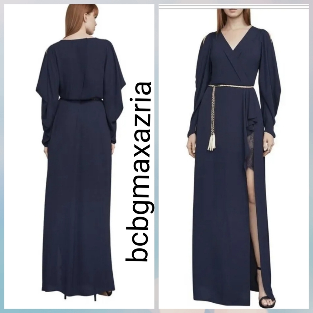 NEW  BCBG MAXAZRIA LACE INSERT KOKO DRAPED-SLEEVE FRONT SLIT GOWN MSRP $ 298